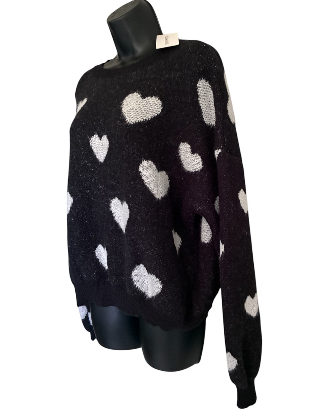 Black Silver Heart Pattern Valentines Day Sweater - Cozy Crewneck Sz L - Picture 2 of 9